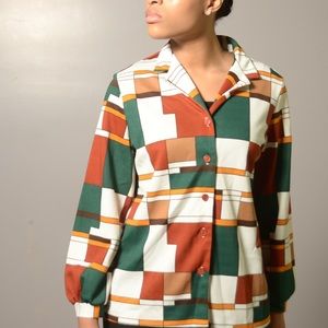 Vintage WOMEN White, Brick, Green color block polyester button shirt sz L